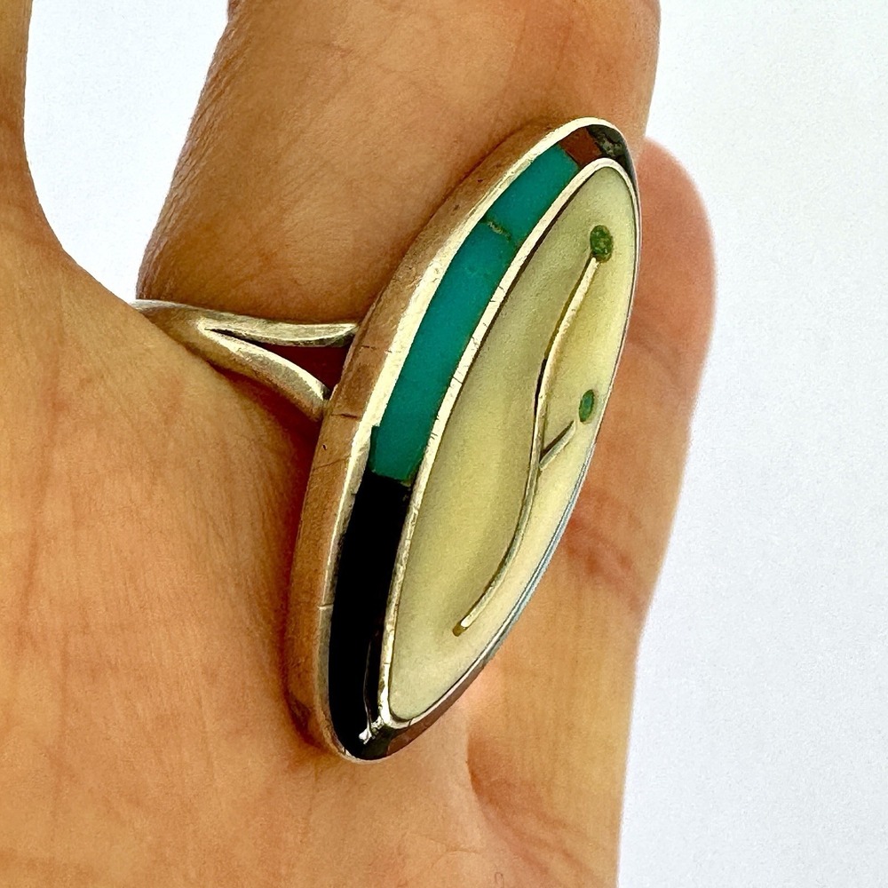 VTG Zuni Flower Turquoise Ring Sz 6 Sterling 60s Old Inlay Native Amer Marquis - Picture 5 of 8